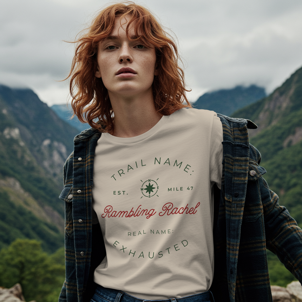 Trail Name Shirt | Personalized Thru Hiker Gift | Real Name Exhausted Funny Backpacking Tee