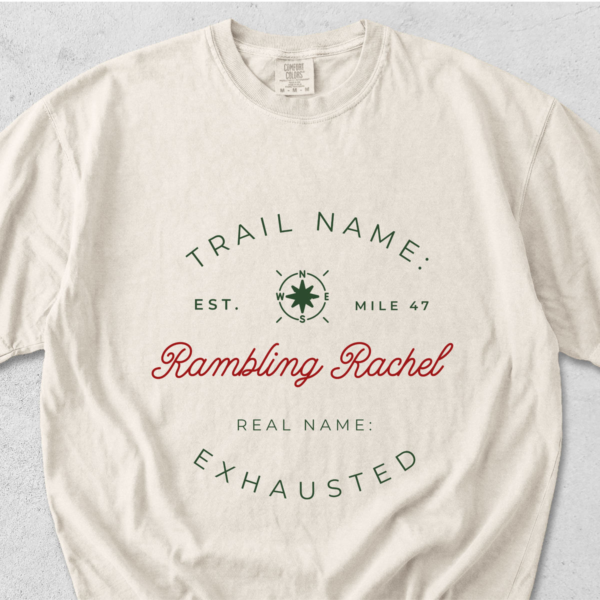 Trail Name Shirt | Personalized Thru Hiker Gift | Real Name Exhausted Funny Backpacking Tee