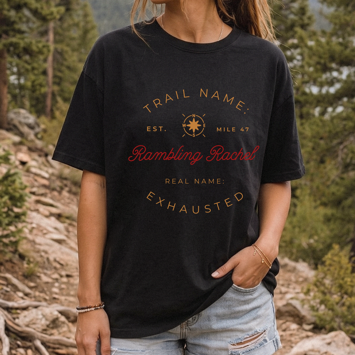 Trail Name Shirt | Personalized Thru Hiker Gift | Real Name Exhausted Funny Backpacking Tee