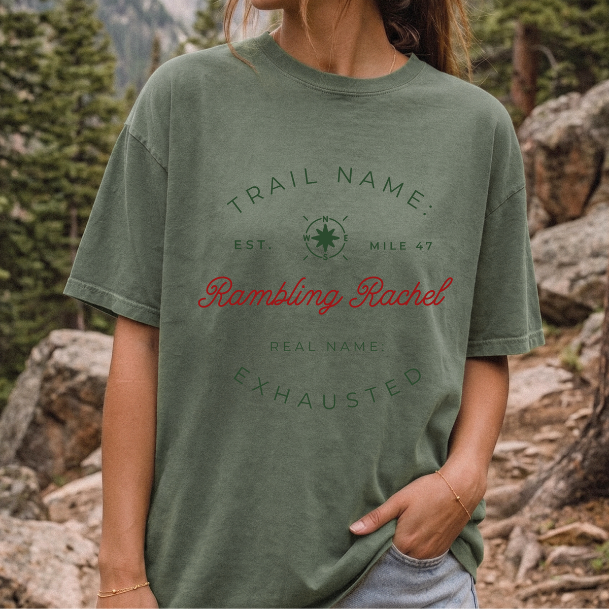 Trail Name Shirt | Personalized Thru Hiker Gift | Real Name Exhausted Funny Backpacking Tee