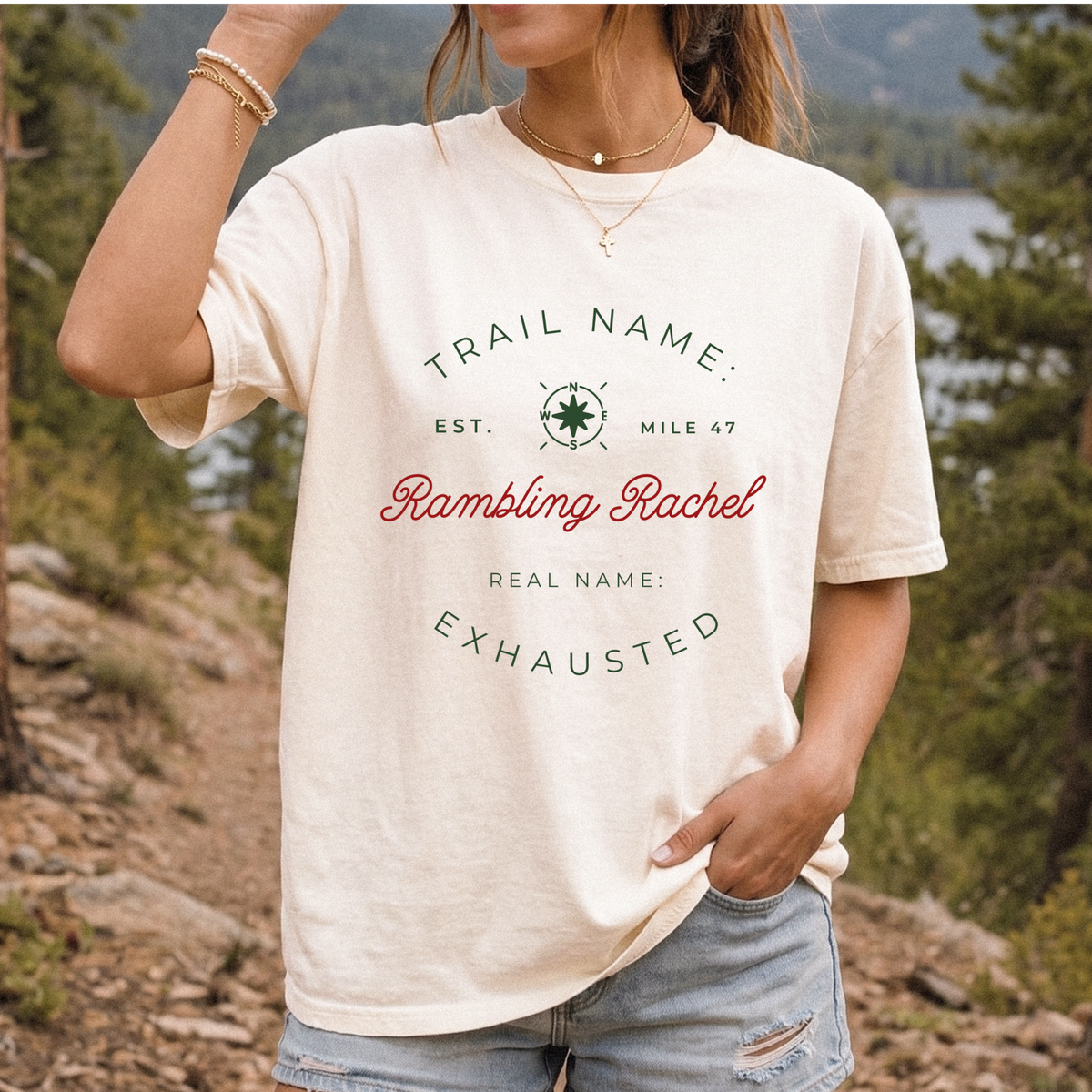 Trail Name Shirt | Personalized Thru Hiker Gift | Real Name Exhausted Funny Backpacking Tee